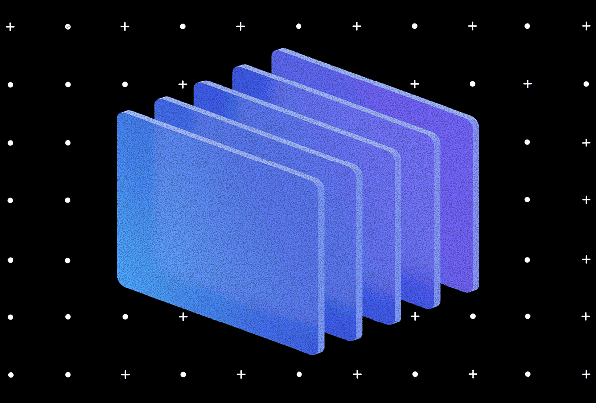 Illustration of five purple rectangles arranged three-dimensionally like folders on a black background with a pattern of white dots and white plus signs.