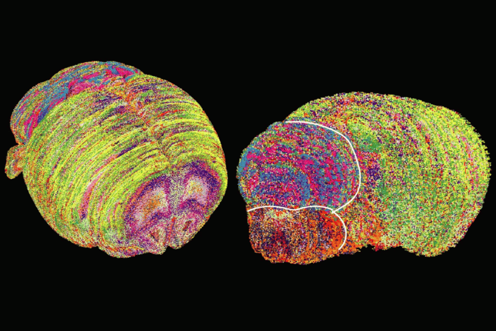Research image of whole-brain 3D visualizations of pixels colored by their corresponding lipizone.