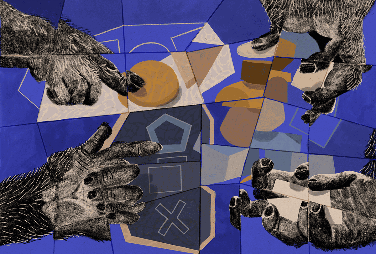 Illustration of primate hands interacting with objects of cognitive tests.