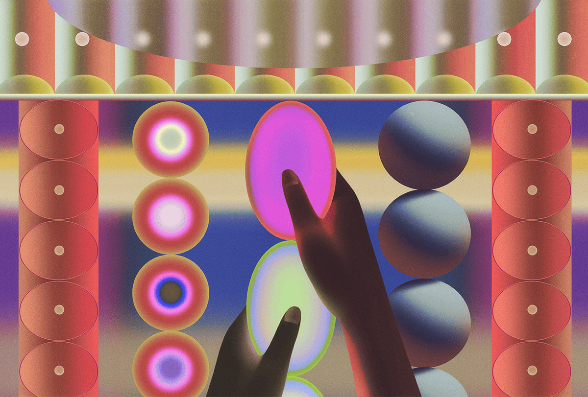 Illustration of two hands grasping a pink oval and a green oval, bordered on the left and right by columns of red ovals and multicolor and gray circles.