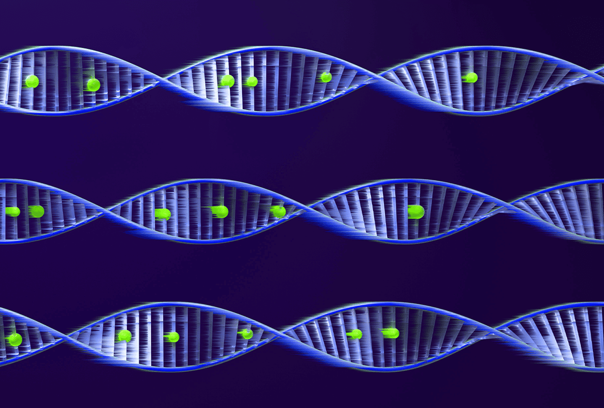 Stock illustration of strands of DNA with mutations.