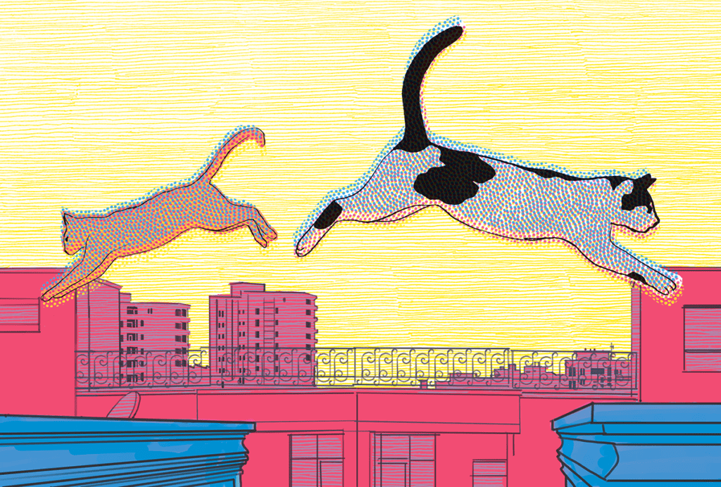Illustration of two cats jumping to opposite buildings in a city.