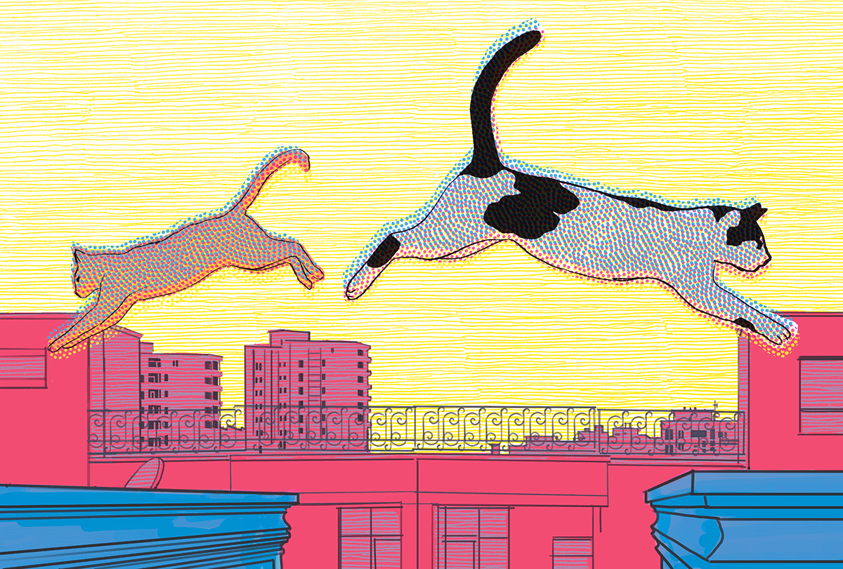 Illustration of two cats jumping to opposite buildings in a city.